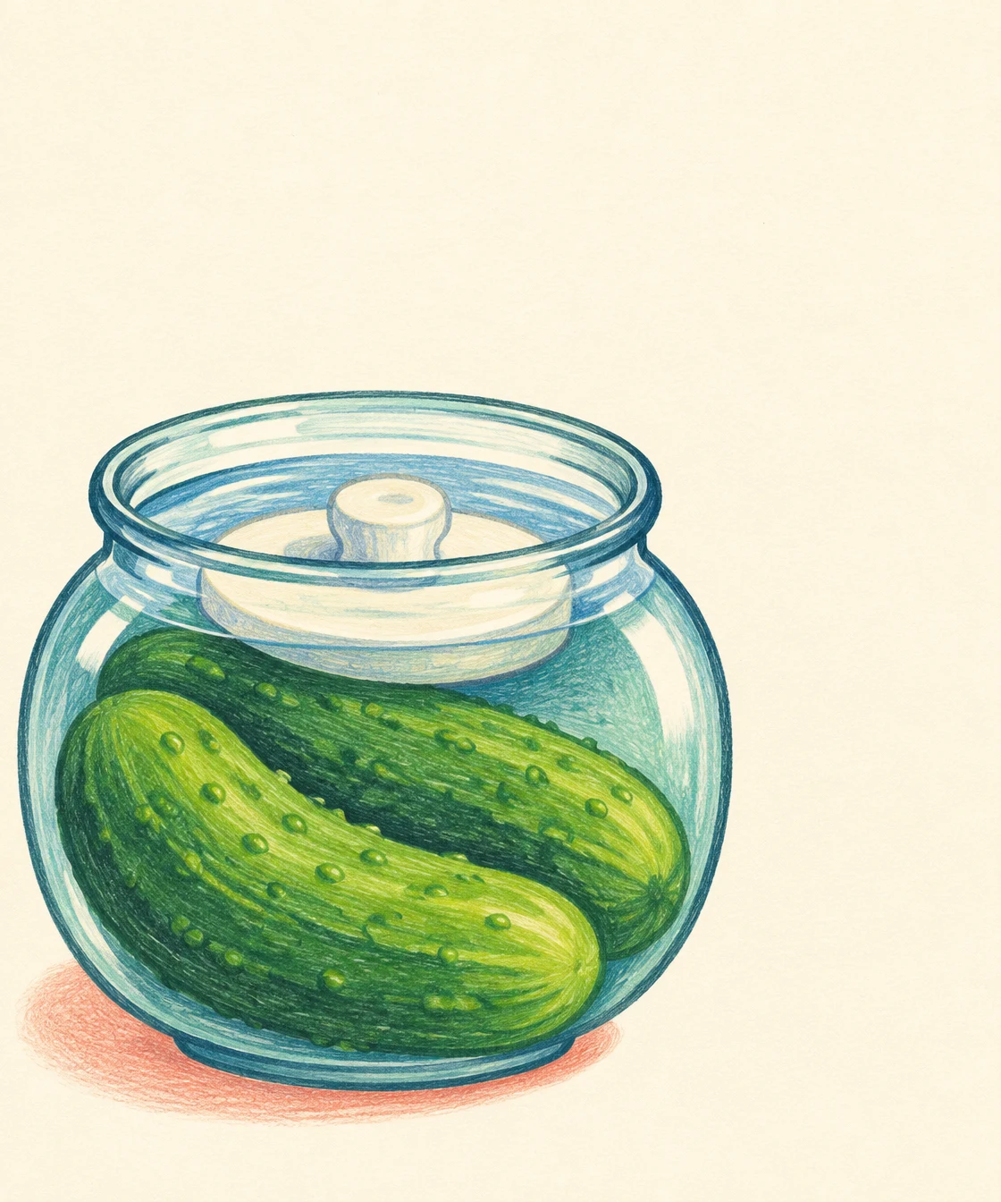A hand-drawn colored-pencil illustration of a wide glass jar filled with blue brine and two curved green cucumbers, held beneath the surface by a cream-colored…