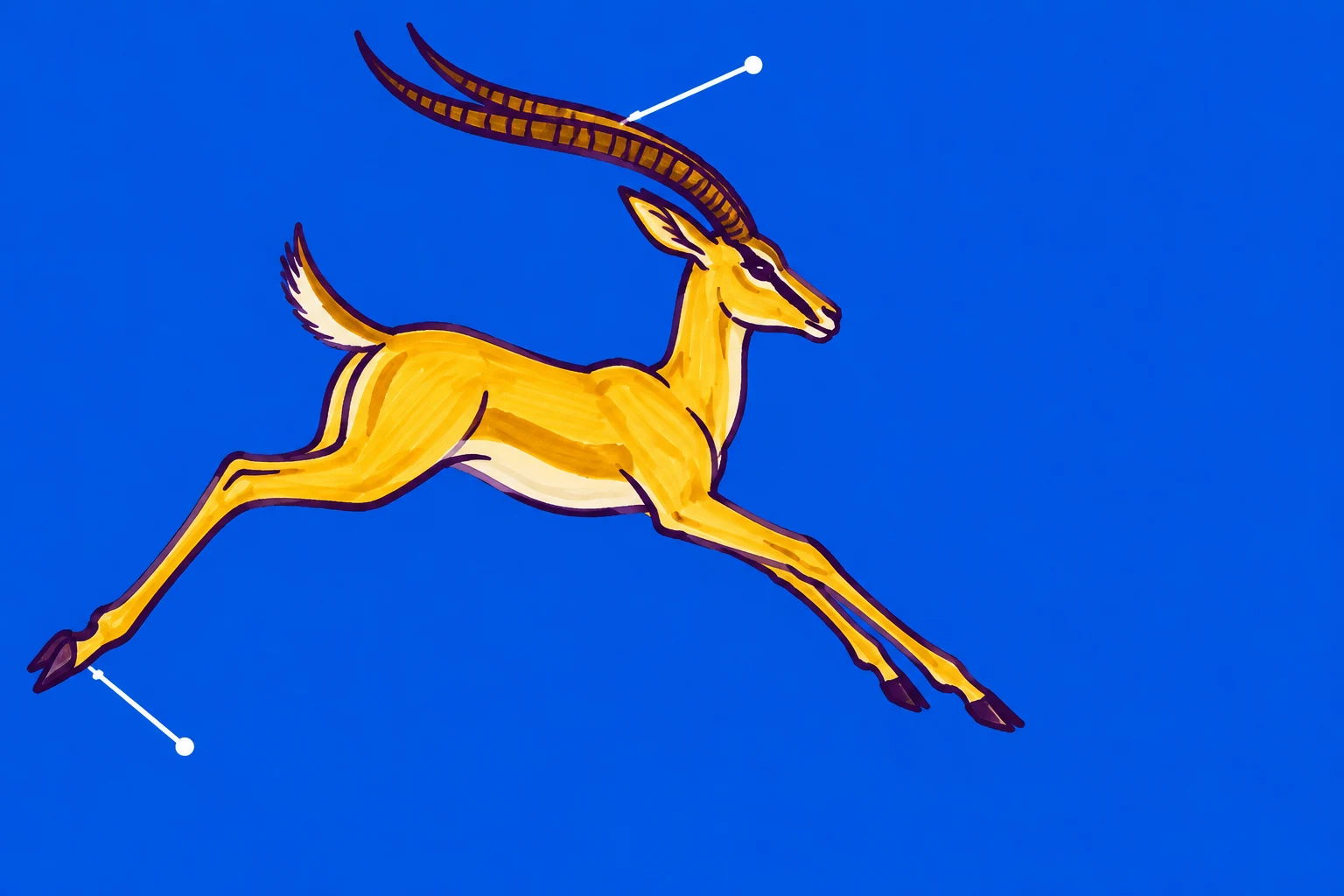 A golden-yellow antelope bounds to the right across a cobalt-blue field, its long legs stretched out and large striped horns swept back.