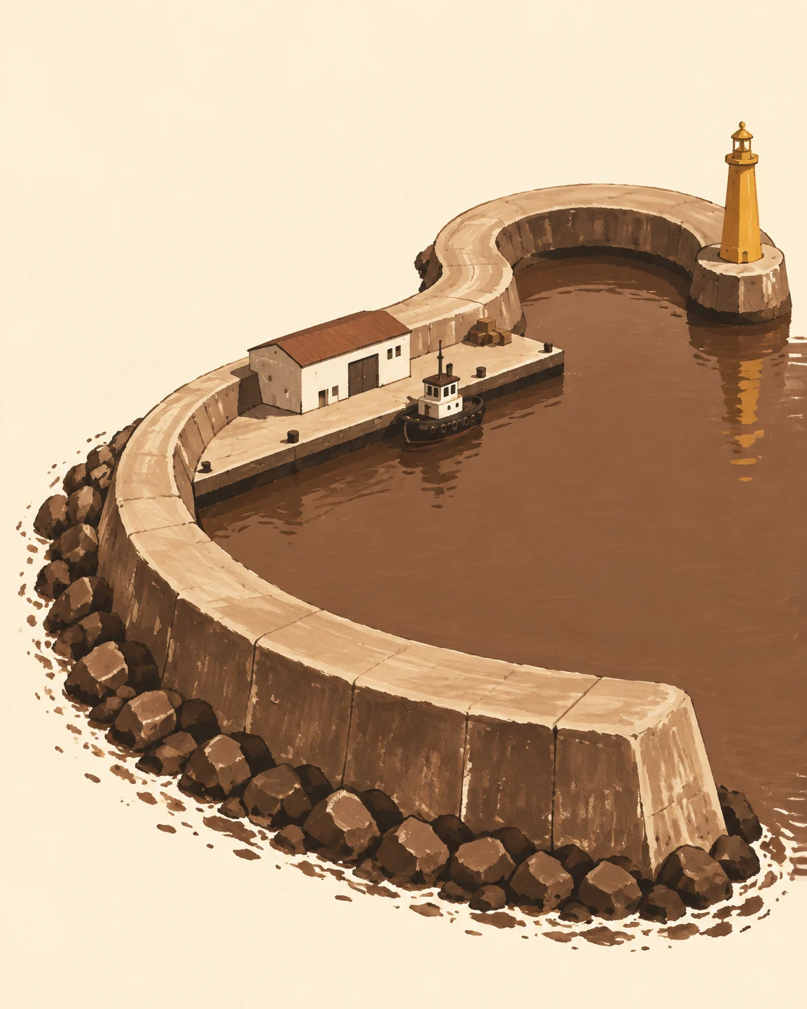 An elevated view of a small harbour enclosed by a thick curved breakwater, with a quay, warehouse, tugboat and tall beacon beside cocoa-brown water.