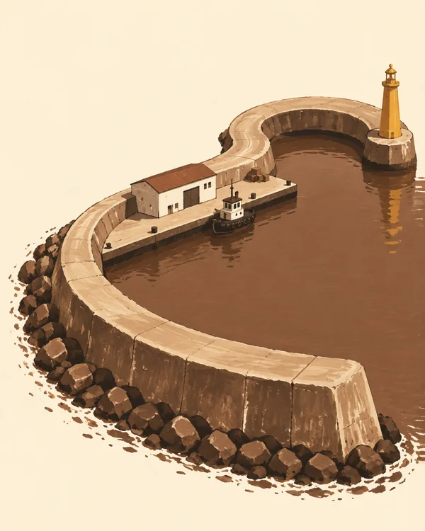 An elevated view of a small harbour enclosed by a thick curved breakwater, with a quay, warehouse, tugboat and tall beacon beside cocoa-brown water.
