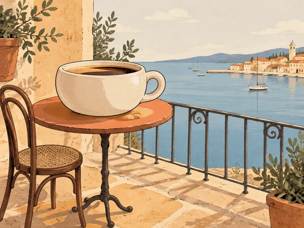 A broad cream coffee cup sits on a round terracotta table beside a bentwood chair on a tiled balcony overlooking a blue harbor and ochre waterfront buildings.