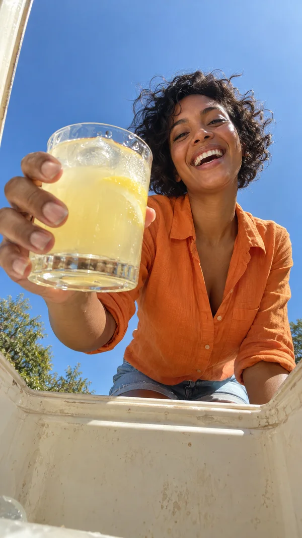 A smiling woman in an orange shirt leans over a cream-colored cooler and raises a large glass of pale yellow lemonade toward the camera against a clear blue…