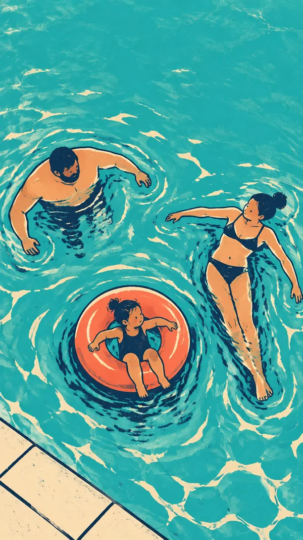 Overhead illustration of a child in a coral float ring between two adults swimming in turquoise water, with a cream pool edge at the lower left.