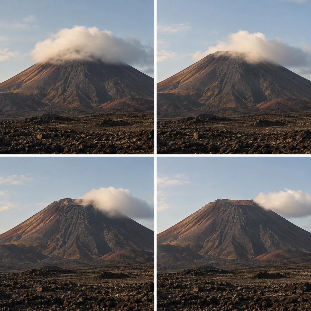 A four-panel photographic sequence shows a dark volcanic cone under a low cloud that moves rightward as the crater rim becomes increasingly visible; basalt…