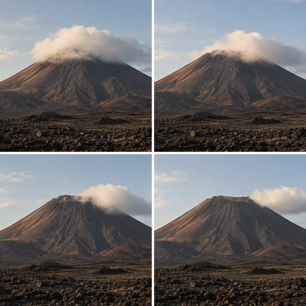 A four-panel photographic sequence shows a dark volcanic cone under a low cloud that moves rightward as the crater rim becomes increasingly visible; basalt…