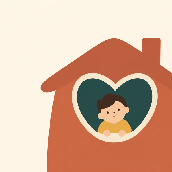 A child with dark curved hair and an ochre sweater rests both hands on the cream sill of a large teal heart-shaped window in a terracotta house, surrounded by…