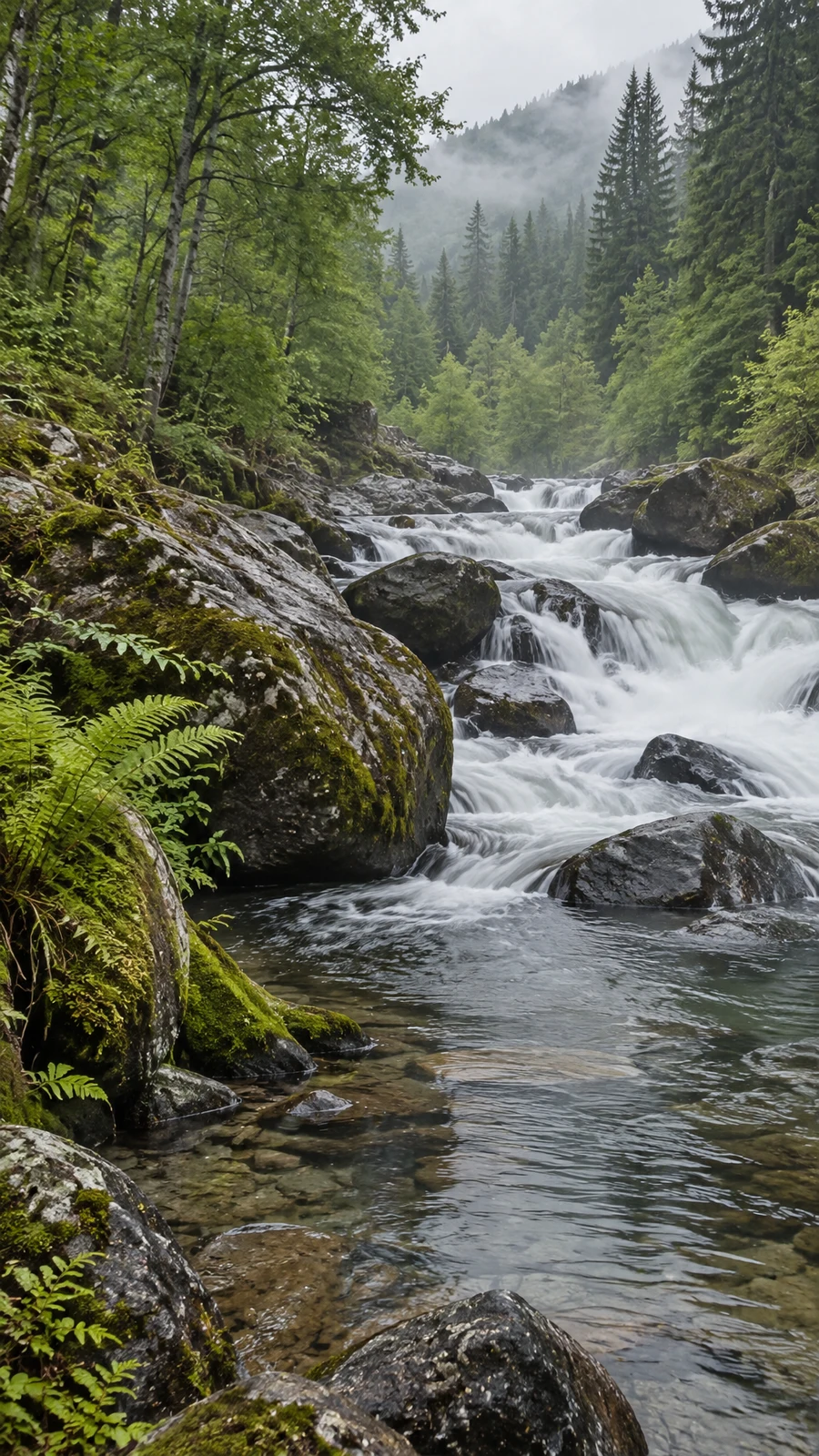 A mountain river runs over rounded dark rocks in a forest, with a calm pool and mossy boulders and ferns in the foreground and mist among the conifers beyond.