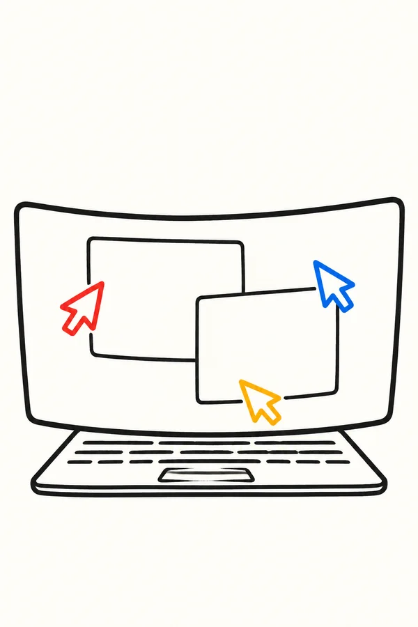 A hand-drawn, wide-screen laptop with a short keyboard sits against a warm-white background.