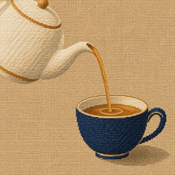 A midnight-blue woven teacup sits in the lower-right area as a golden stream pours from an ivory vessel cropped at the upper left, making a small ripple in the…