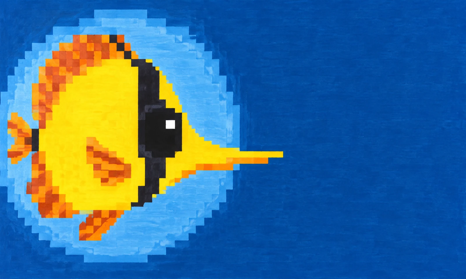 A large pixel-stepped yellow and orange fish faces right against a textured dark-blue background, with a pale-blue blocky halo behind it and open space on the…