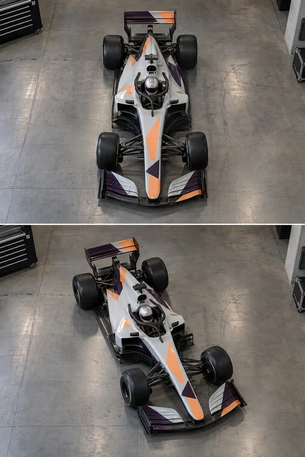 A pearl-grey open-wheel race car with apricot and dark plum accents is shown from overhead in two stacked views on a concrete garage floor; the lower view…