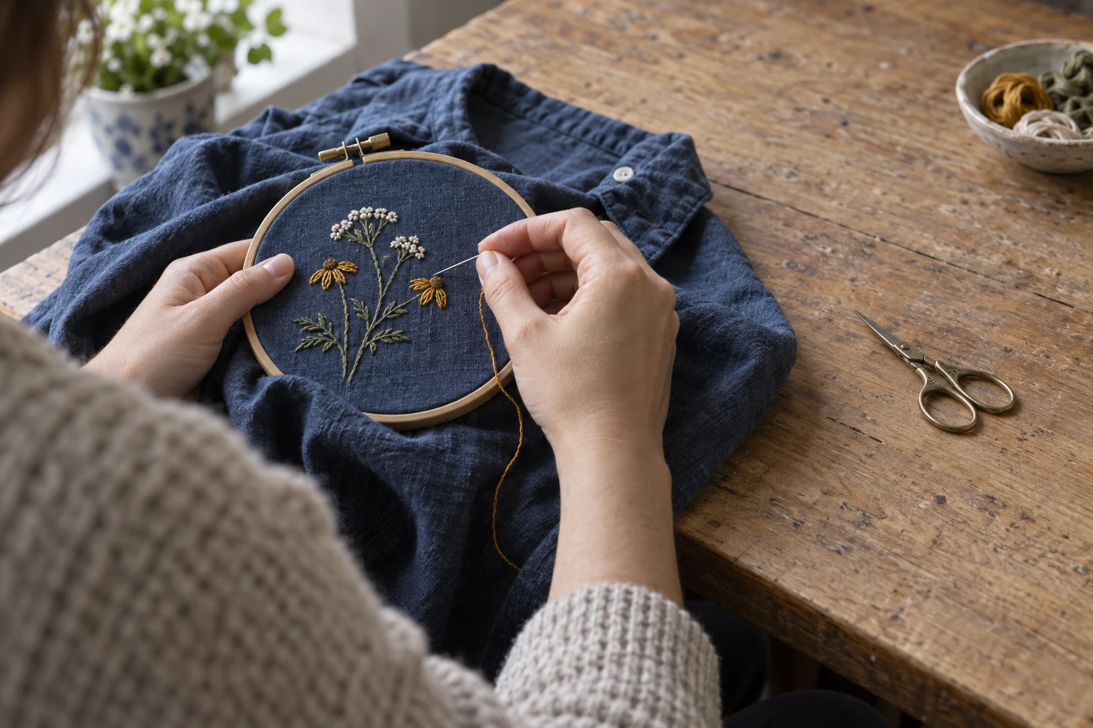 An adult in a light knit sweater works an ochre-and-cream wildflower design into indigo fabric held in a wooden embroidery hoop on a worn wooden table; small…