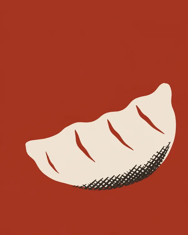 A large warm-ivory crescent dumpling with four curved red fold marks sits low and slightly right of centre against a rust-red background.
