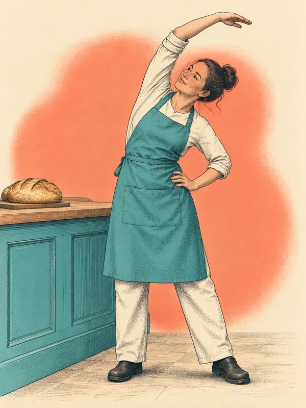 A bakery worker in a turquoise apron stretches beside a turquoise bread counter, one arm arcing overhead and the other hand resting on the hip; a golden loaf…