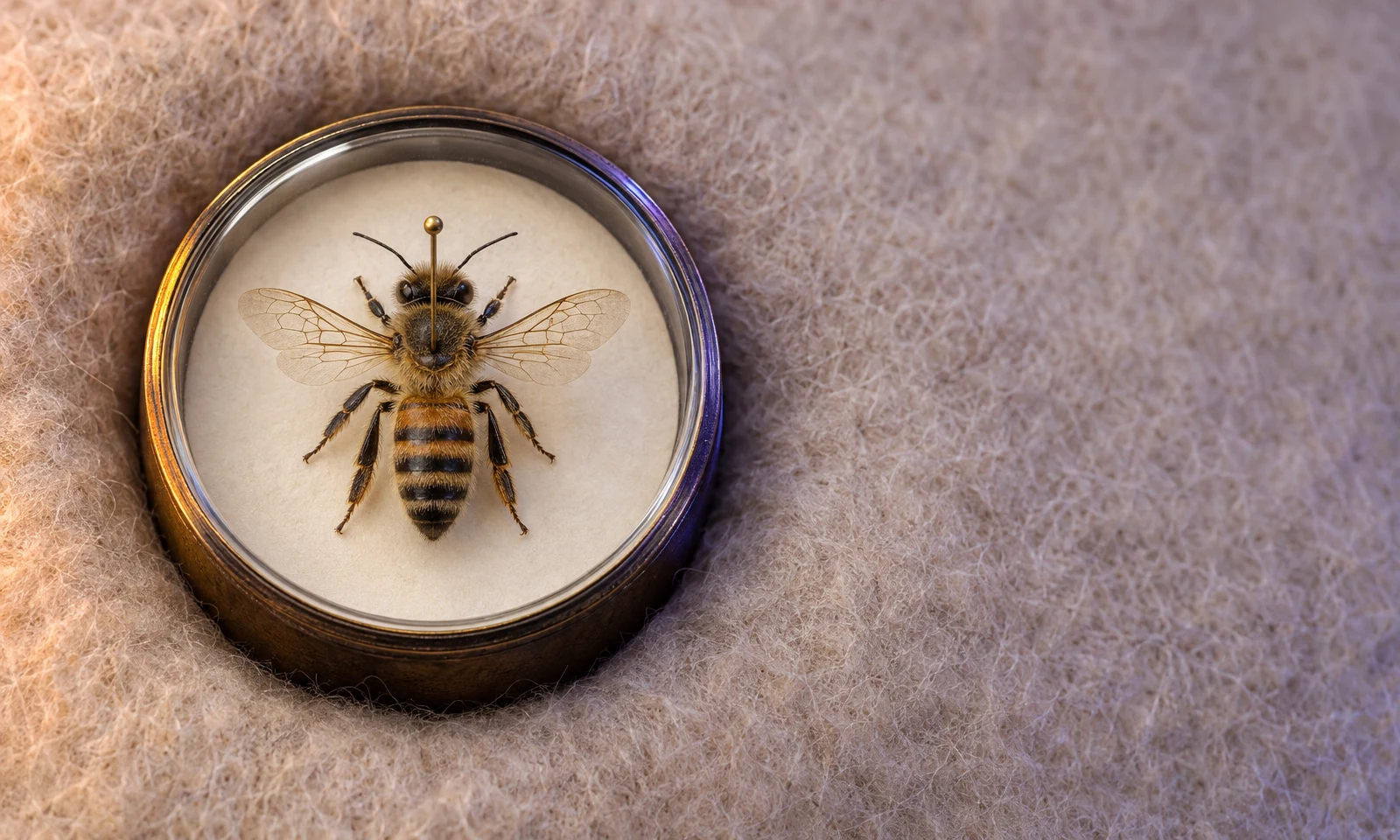 A pinned honeybee is displayed inside a round glass-topped specimen box resting in thick oatmeal-colored wool felt, with amber and violet light along opposite…