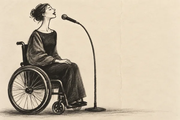 A charcoal illustration of a woman singing into a microphone while seated in a wheelchair, with the curved microphone stand and chair set against warm ivory…