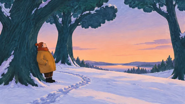 A bundled winter walker in an ochre coat and rust hat leans against a large dark teal tree and looks upward in a snowy grove at sunset, with a curved track…