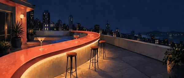An empty rooftop terrace at night features a sweeping coral-colored curved bar with three tall stools and two cocktail glasses; warm-lit windows fill the…
