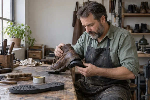 A middle-aged man in a worn apron sits at a scuffed workbench in a shoe-repair workshop, looking down as he holds a brown leather boot and positions a black…