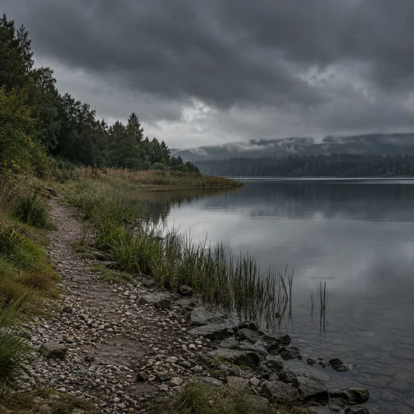 A pale pebble shore path curves beside a still lake toward a reed-lined point, beneath dark overcast clouds and mist over a wooded bank.