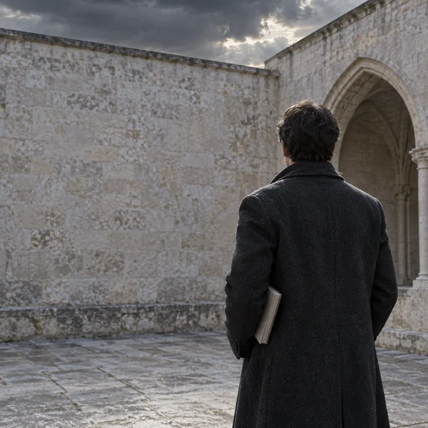A person in a charcoal coat stands with their back to the camera in a pale stone courtyard, holding a light-colored closed journal beneath one arm.