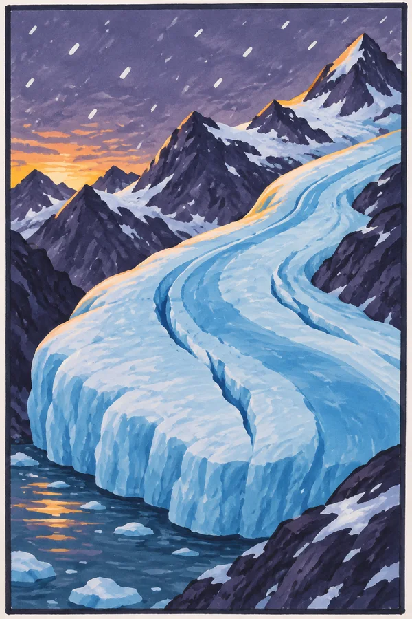 A broad blue glacier curves down between dark purple mountain peaks, ending in a rounded ice face above a rocky, ice-strewn foreground; orange dusk light glows…
