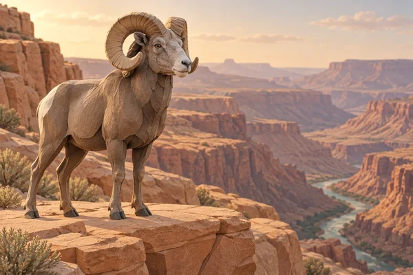 An elderly bighorn ram stands on a broad sandstone ledge at the left, with a sunlit terracotta canyon receding behind it and open sky and distant cliffs to the…
