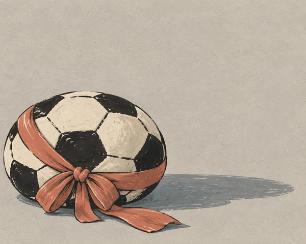 A black-and-ivory football with a dusty-coral ribbon and drooping bow rests on a textured warm-grey surface, casting a long blue-grey shadow to the right.