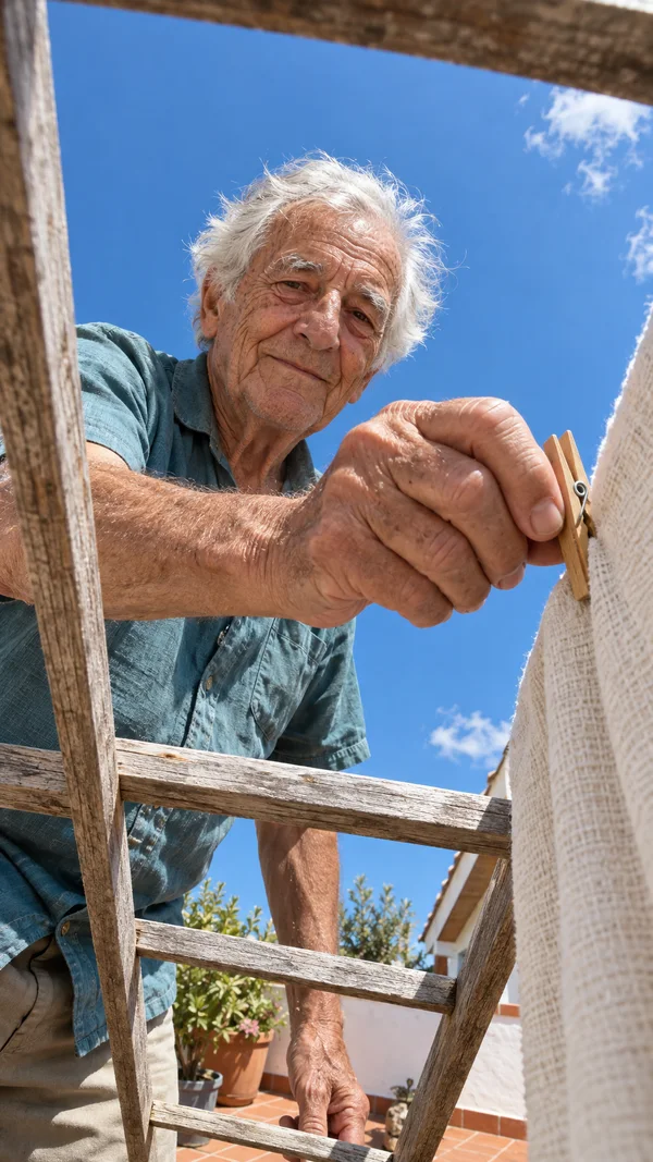 A silver-haired elderly man in a faded teal shirt leans over a weathered wooden drying rack, fastening an ivory towel with a clothespin on a sunny terrace…