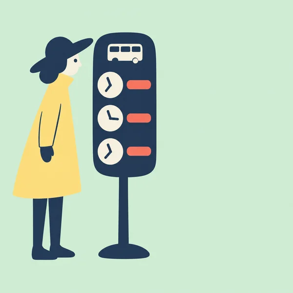 A whimsical traveler in a yellow coat and broad navy hat stands beside a navy bus timetable with a bus icon, three cream clocks, and coral bars against a pale…