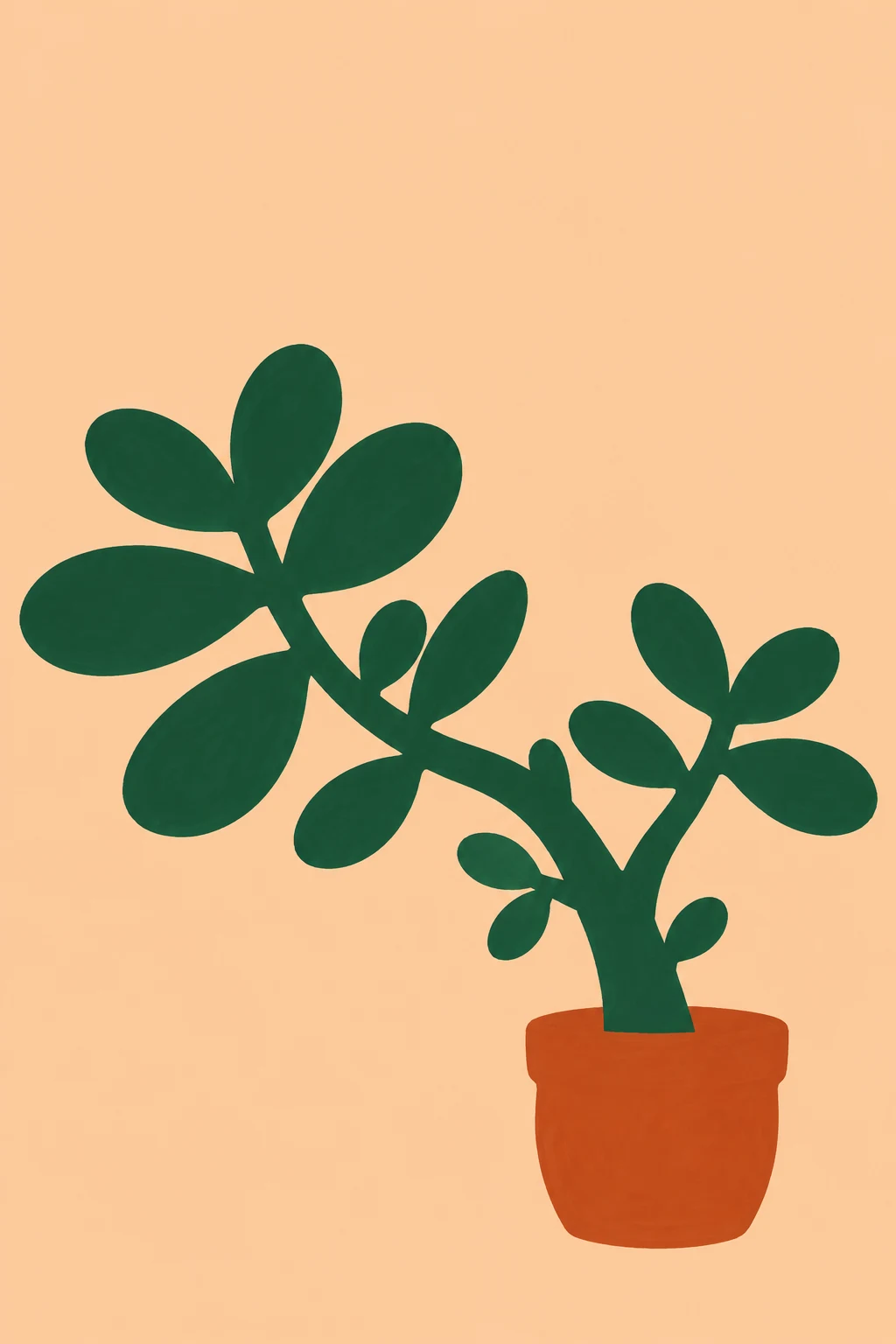 A dark jade-green silhouette of a branching jade plant with broad oval leaves rises from a rust-orange terracotta pot against a pale apricot background, with…