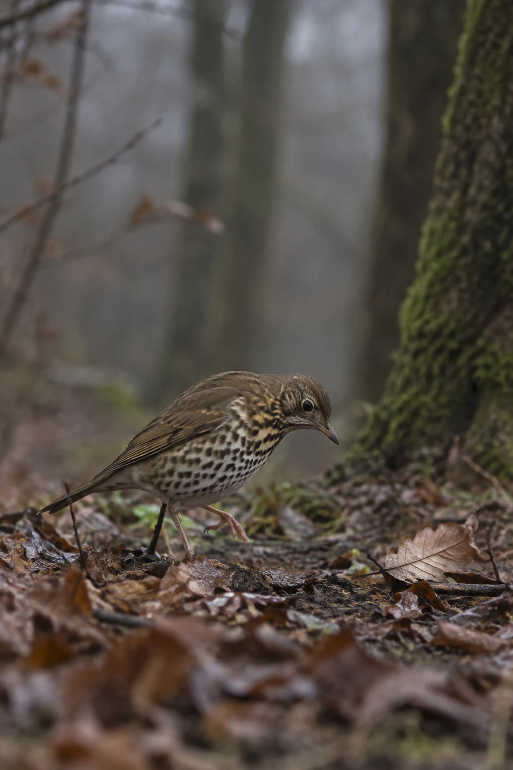 A song thrush stands on wet fallen leaves in a misty woodland, its head lowered and one foot raised.