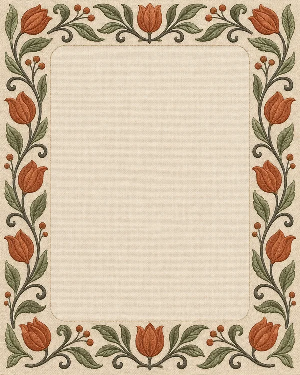 A warm cream linen-textured rectangle with rounded corners is surrounded by a symmetrical embroidered-style border of terracotta tulips, muted sage leaves…