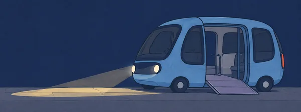 A powder-blue shuttle faces left with its side doorway open and a lavender ramp lowered to a pavement strip; pale headlights cast a broad pool of light across…