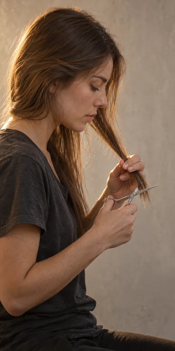 An adult with long brown hair sits in side profile, holding a section over one shoulder while positioning open steel scissors near the ends; warm backlight…