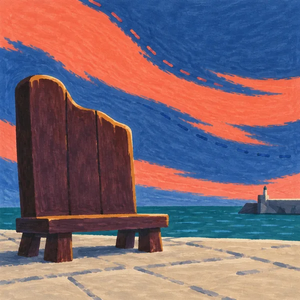 A large aubergine-brown wooden bench with a tall, uneven backrest sits on pale stone beside a teal harbour strip; a small angular pier stands in the distance…