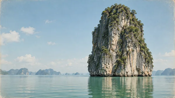 A tall, vegetation-covered limestone karst tower rises from calm blue-green water, with distant karst formations along the horizon beneath a pale blue sky.