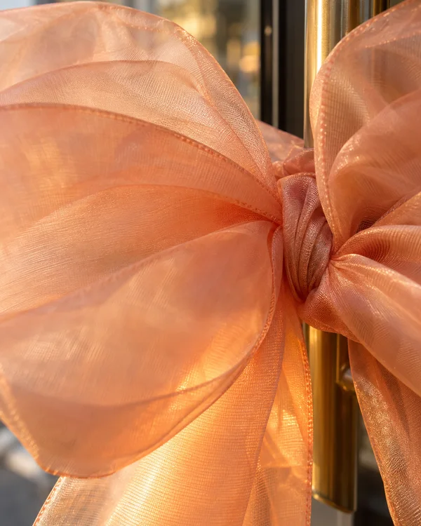 An oversized peach organza bow fills the frame, its gathered center beside a vertical brass door handle with softly blurred reflections behind it.