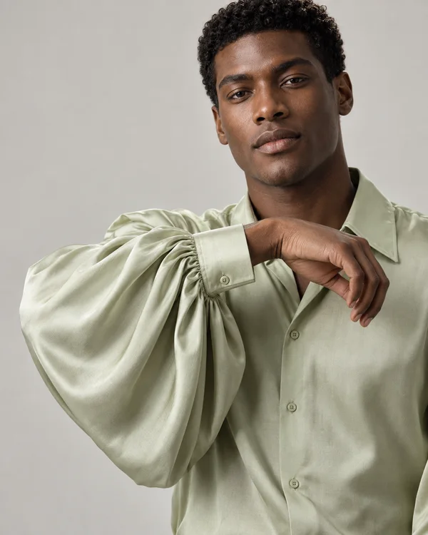 A dark-skinned male model with short black curls wears a pale green button-up shirt and holds one bent arm across his chest, with the oversized sleeve falling…