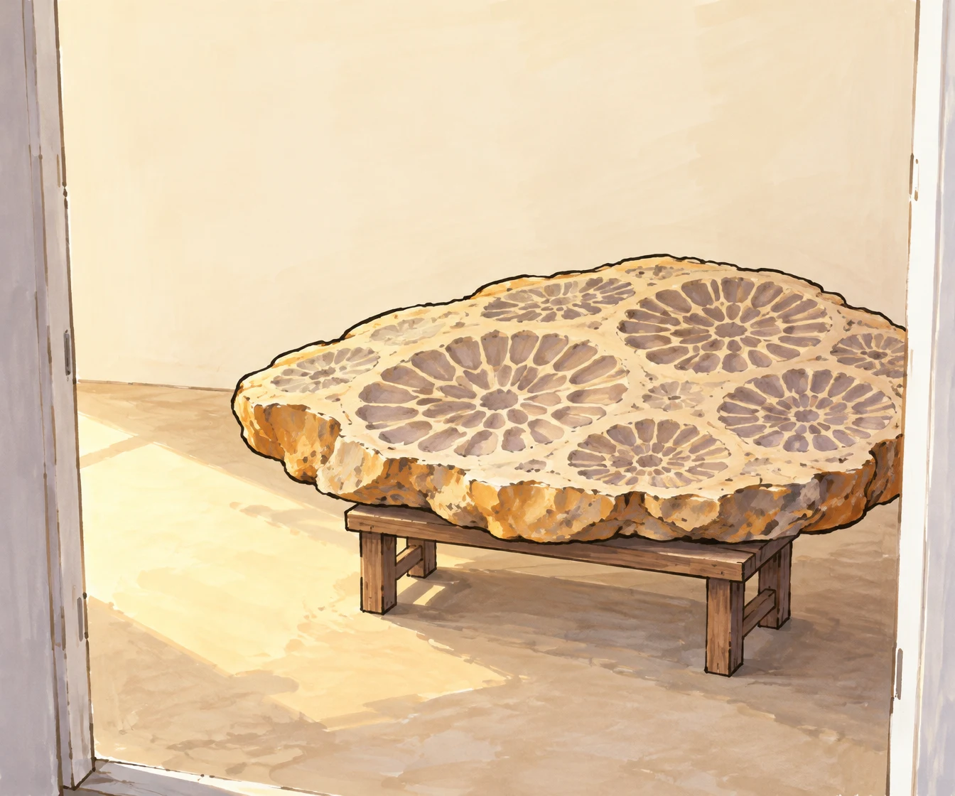 A broad, flattened fossil coral slab with a chipped ochre edge rests on a small wooden bench in a sunlit workshop, viewed through a doorway.