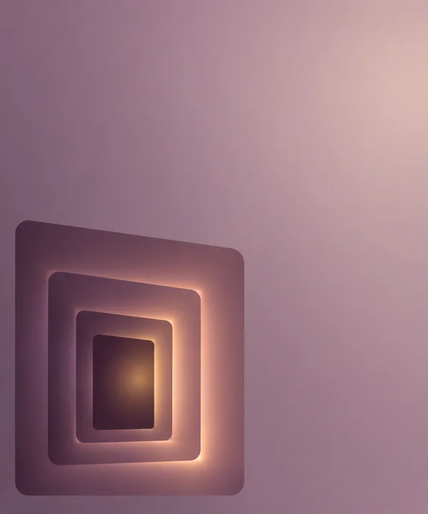 A compact tunnel of four nested, softly rounded plum apertures sits in the lower-left of a pale mauve gradient, with peach-gold light along the inner edges and…