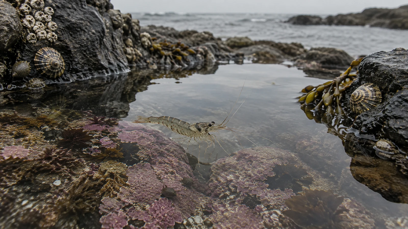 A translucent prawn hangs over pink coralline weed in a shallow rock pool, framed by dark wet rocks with barnacles, limpets and bladderwrack; grey sea lies…