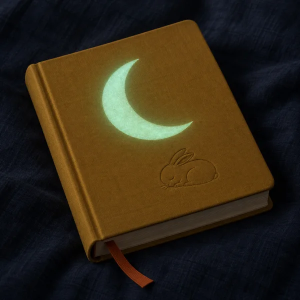 A closed ochre clothbound book lies diagonally on dark navy fabric.
