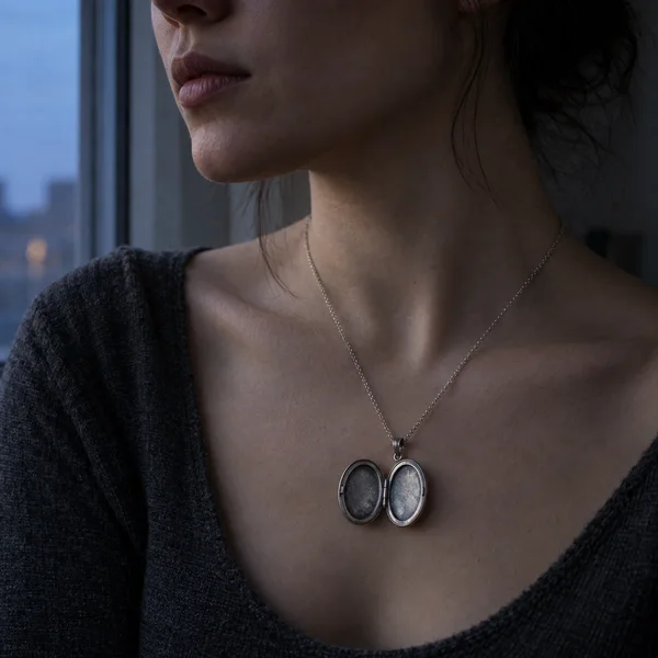 A close portrait of a person wearing an open oval silver locket on a fine chain, with the two compartments resting against bare skin above a dark charcoal…