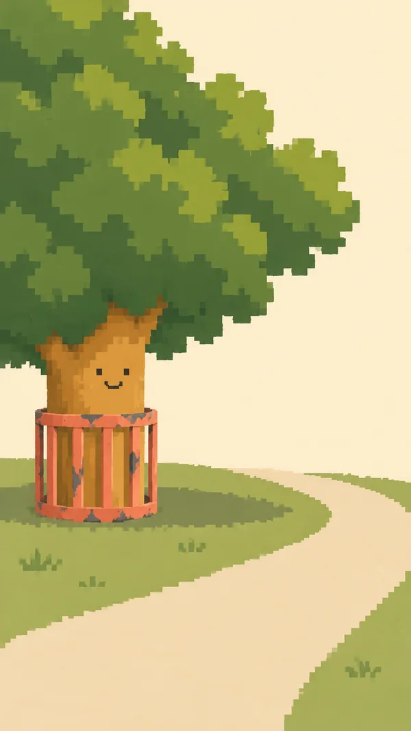 A smiling pixel-style tree with a broad green crown stands inside a peeling coral metal guard on a patch of grass beside a pale curving path.