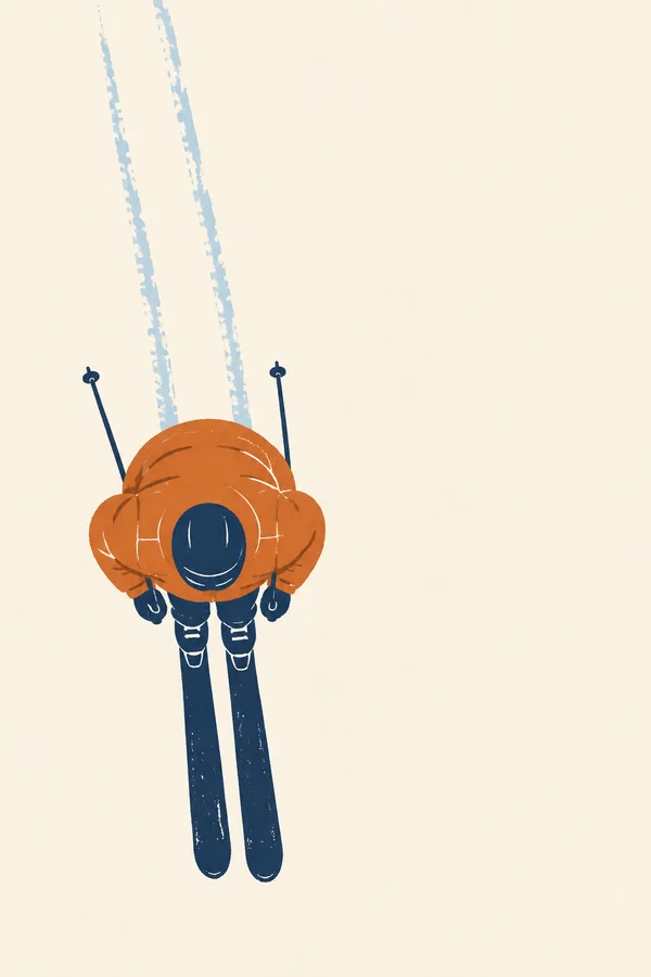 An overhead illustration of a skier in a broad burnt-orange jacket and navy helmet, with parallel navy skis and two poles, on cream snow with pale-blue tracks…