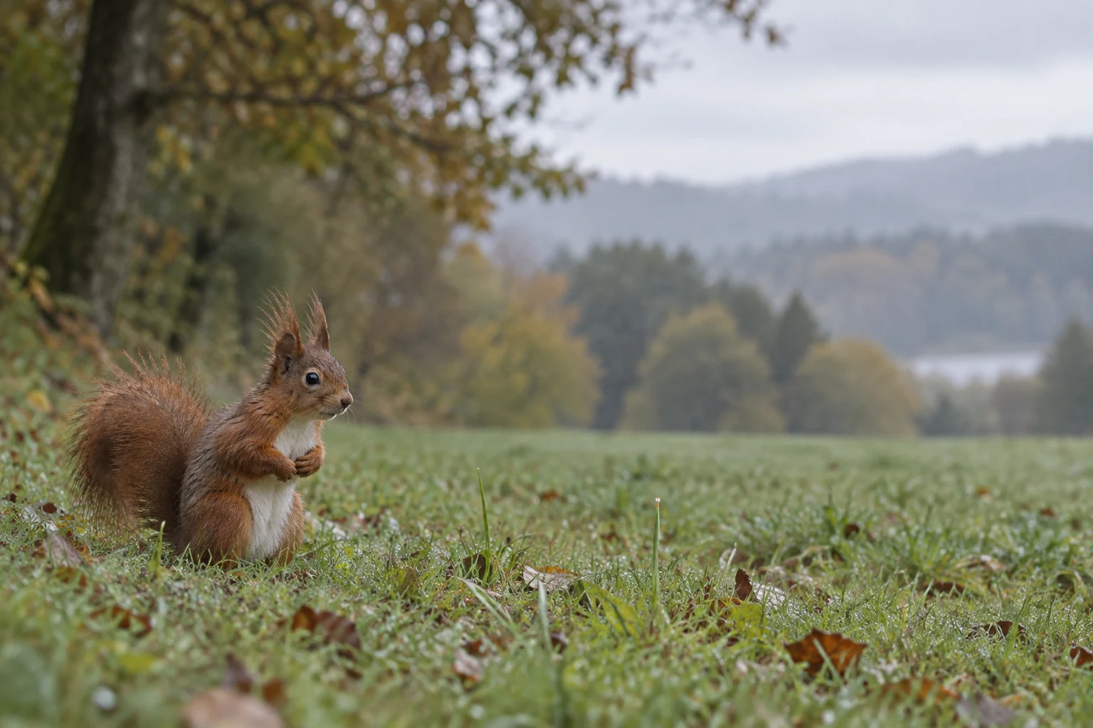 A russet red squirrel sits upright with its forepaws held to its chest in dewy meadow grass, with a softly blurred woodland and pale grey sky behind it.