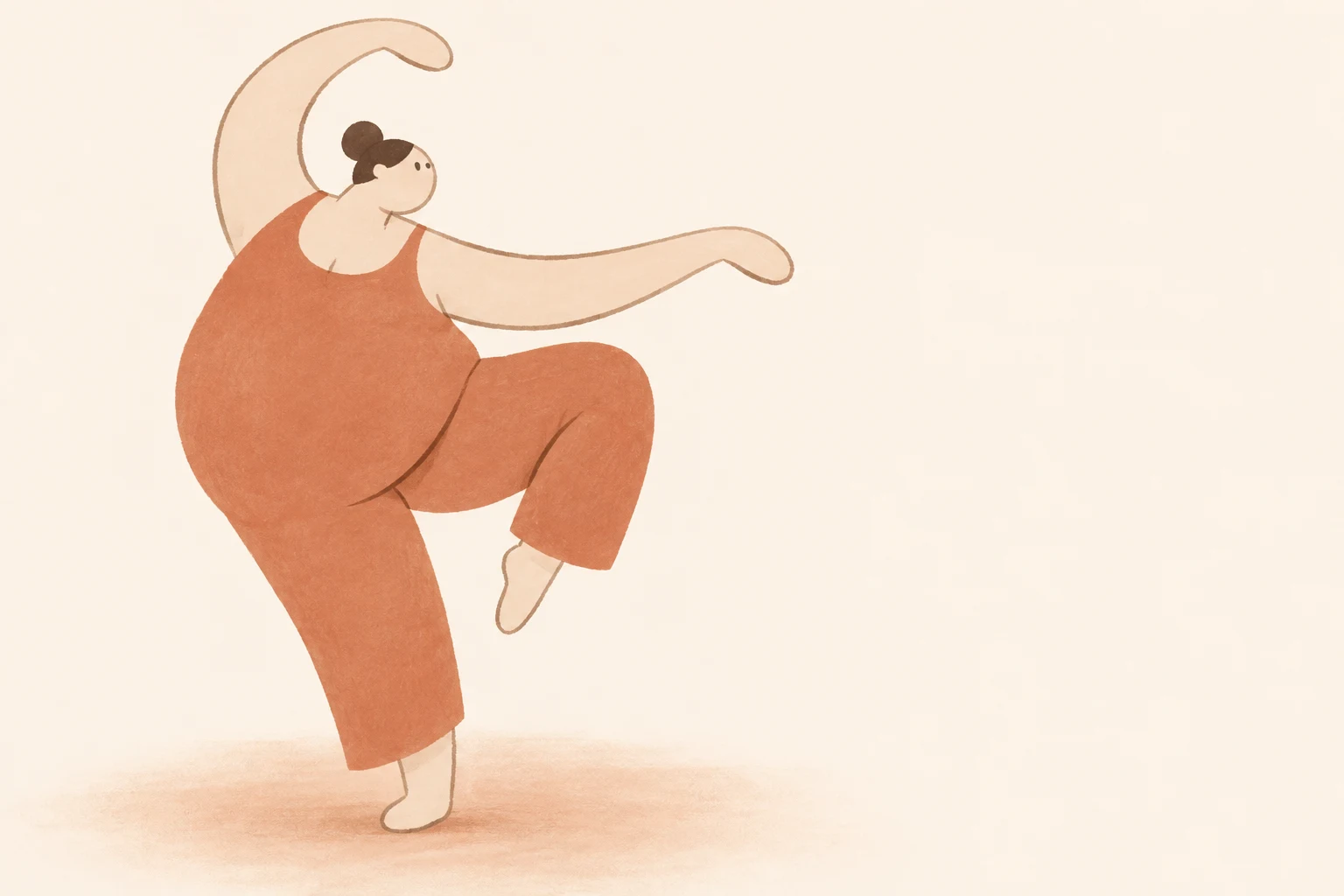 A stylized adult dancer in a terracotta outfit balances on one foot with the other knee lifted, one long arm arcing overhead and the other reaching to the…