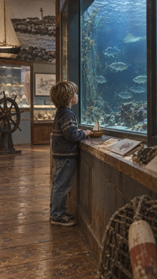 A child in profile holds a small wooden sailboat at a worn museum counter, facing a blue-lit aquarium with several fish and a pale ray.