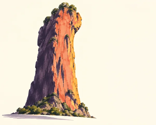 A very tall, irregular limestone-like rock tower with a bulbous summit rises against a pale cream background.